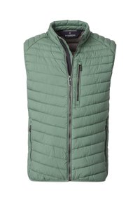 Grüne gesteppte ärmellose Weste mit Stehkragen, Frontreißverschluss, Brusttasche mit Reißverschluss und zwei seitlichen Reißverschlusstaschen.