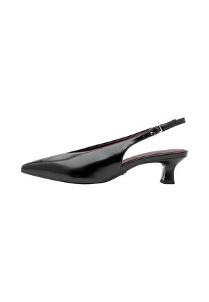 Sort læder pigehæl med slingback, spids tå og justerbar spænde-rem.