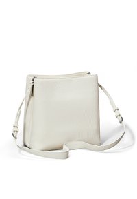 Borsa bianca textured con forma rettangolare, chiusura a zip e tracolla regolabile. Gli inserti in pelle liscia arricchiscono il design.
