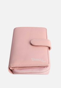 Pink leather wallet with smooth texture, clasp closure, and white logo "VARGU 07" on the front. Compact rectangular shape.