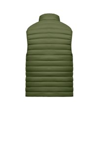 Gevulde groene vest met een hoge kraag, met horizontale gestikte lijnen en een gladde textuur. Geen zichtbare bevestigingsmiddelen of zakken.