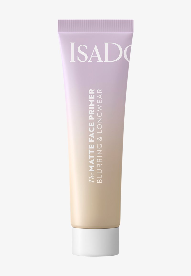Matte face primer in a gradient tube, transitioning from lavender to beige, with white text. Includes a white cap and smooth finish.