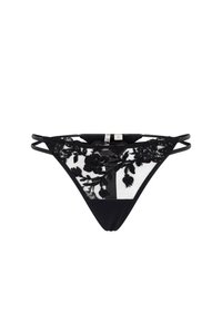 String en dentelle noire avec broderies florales sur le devant en tulle transparent, équipé de deux fines lanières de chaque côté et d'un dos noir uni. Taille S.