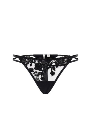 Czarny koronkowy thong z kwiatowym haftem na przezroczystym siateczkowym przodzie, z dwoma cienkimi paskami po bokach i solidnym czarnym tyłem. Rozmiar S.