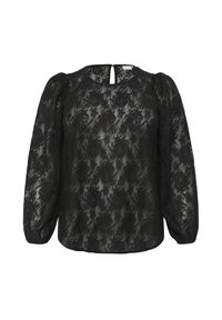 Blouse en dentelle noire avec un col rond, des manches bouffantes et un dos en forme de clé. Motif floral complexe sur l'ensemble du tissu.