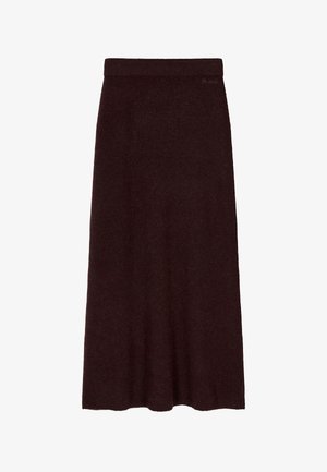 Viininpunainen midihame, jossa on sileä pinta, levenevä muotoilu ja leveä vyötärönauha, jossa on hienovarainen brändäys yläosassa.