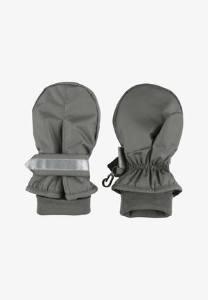 Grau Handschuhe aus isolierendem Stoff mit elastischen Bündchen. Verfügt über einen reflektierenden Riemen und einen Clip für sicheren Verschluss.