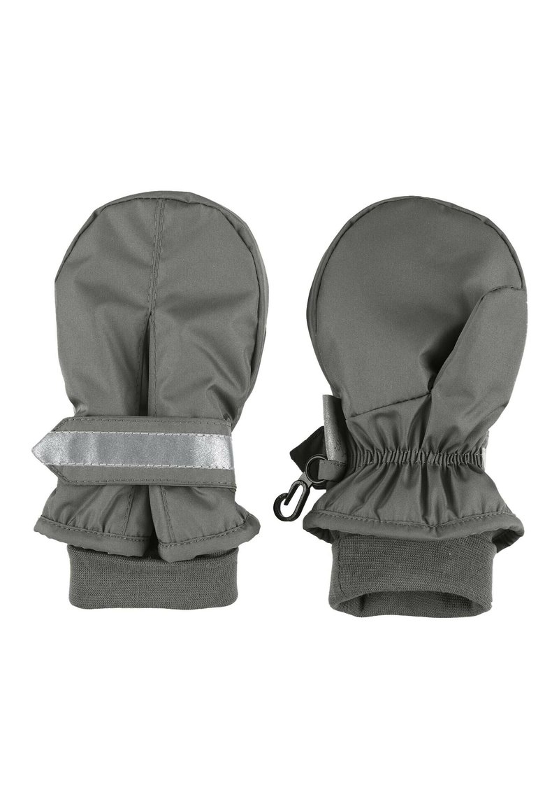 Grau Handschuhe aus isolierendem Stoff mit elastischen Bündchen. Verfügt über einen reflektierenden Riemen und einen Clip für sicheren Verschluss.