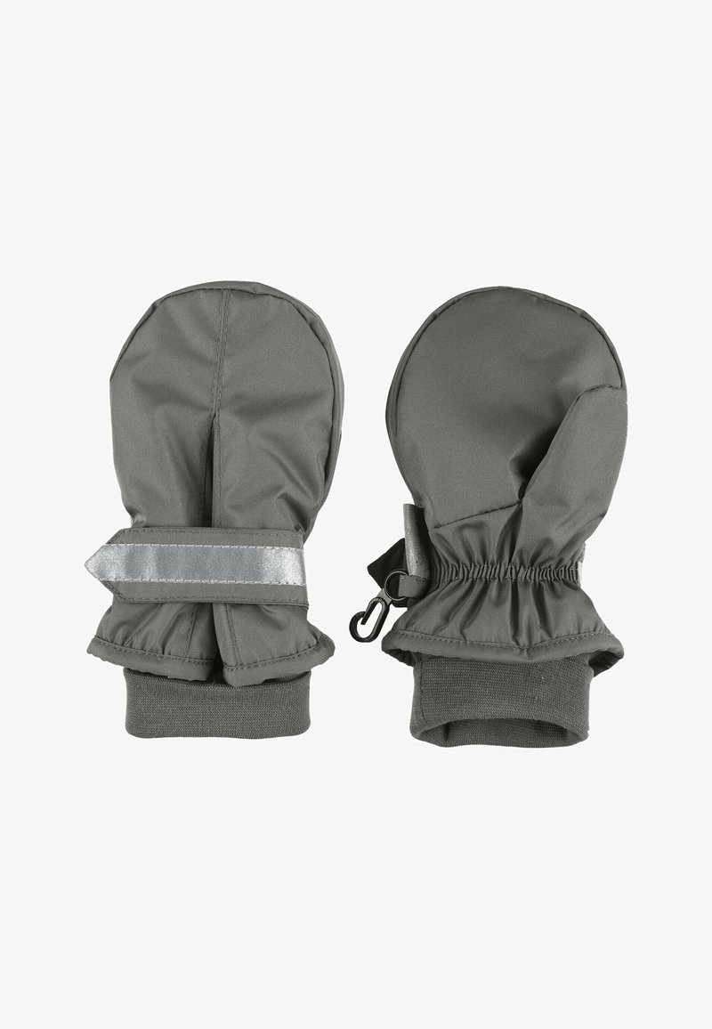 Grau Handschuhe aus isolierendem Stoff mit elastischen Bündchen. Verfügt über einen reflektierenden Riemen und einen Clip für sicheren Verschluss.