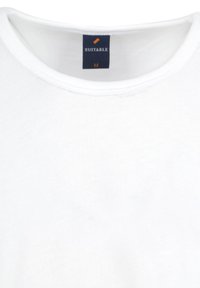 White crew neck t-shirt with a navy blue size tag labeled "SUITABLE M" sewn inside the collar.
