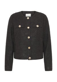 Giacca di tweed nera con maniche lunghe, scollo rotondo e bottoni color oro. Presenta due tasche frontali e un tessuto strutturato.