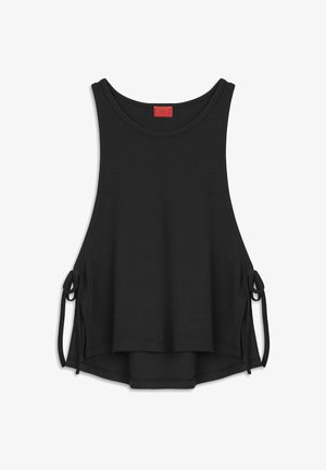Top nero senza maniche con una vestibilità morbida, dotato di lacci laterali regolabili, scollo rotondo e orlo curvo per una silhouette rilassata.