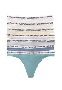 Huit paires de culottes en coton de différentes couleurs avec une ceinture blanche élastique, portant le nom de la marque "women'secret" en noir.