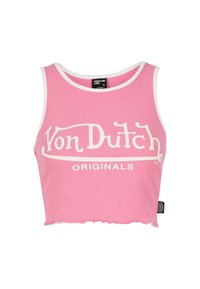 Rozā īsais topiņš ar baltu apmale, ar "Von Dutch Originals" logo baltajās burtnīs uz priekšpuses.