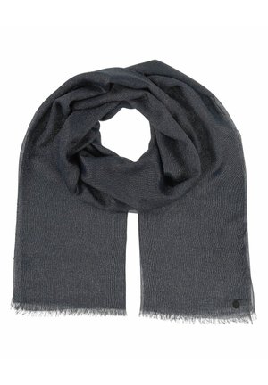 Dark gray scarf with a soft, textured fabric, featuring subtle sheen and fringed edges, arranged in a looped, draped configuration.