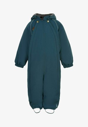 Un traje de nieve para niños en color verde azulado con capucha, puños elásticos y dos botones dorados. La tela es suave; el forro gris claro es visible en el interior de la capucha.
