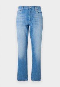 Jean en denim bleu clair avec une coupe droite, présentant un style classique à cinq poches, une fermeture à bouton et un dégradé subtil près de l'ourlet.