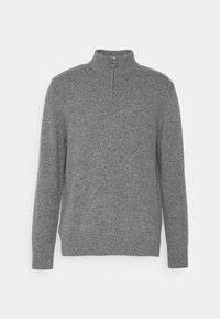 Pull en laine gris à manches longues avec demi-fermeture éclair et col montant, doté d'un curseur arrondi et de poignets et ourlet côtelés.