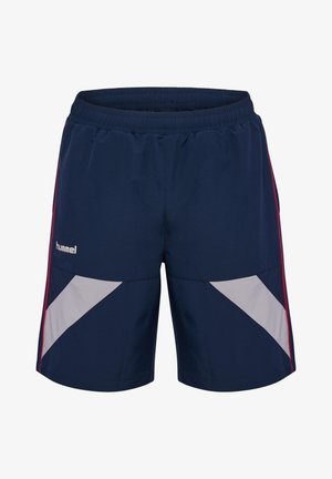 Marineblå atletikshorts med elastisk talje, grå diagonale paneler på frontlår, røde sidestriber og hvid "hummel" logo på venstre side.
