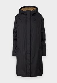 Schwarzer isolierter Mantel mit Kapuze, Frontreißverschluss und zwei seitlichen Taschen. Verfügt über ein kontrastierendes goldenes Futter und eine glatte, matte Außenseite.