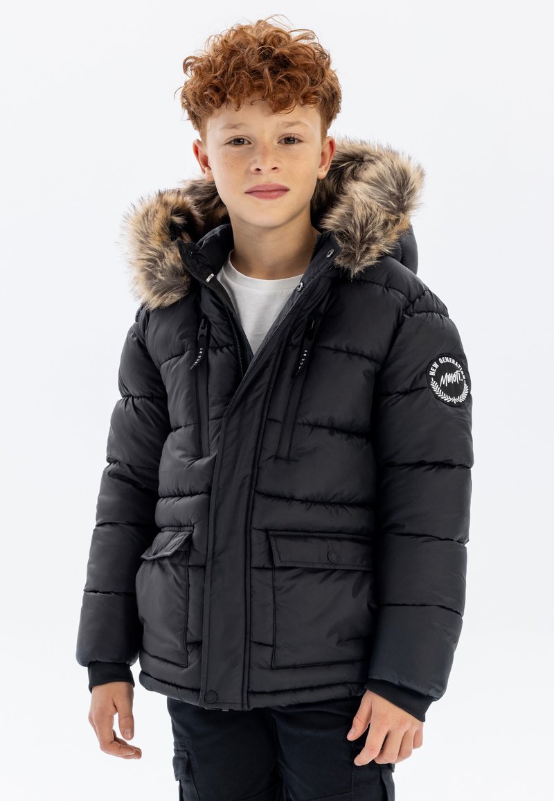 Black puffer jacket with a faux fur-trimmed hood, zip front, and two buttoned pockets. Features a textured, quilted design and logo patch.