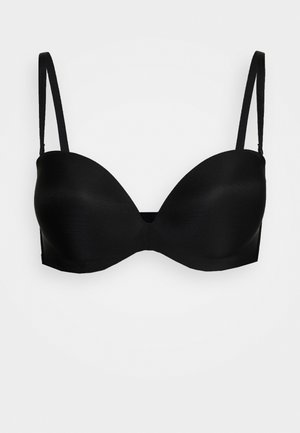 Black underwire bra with smooth, molded cups, adjustable straps, a seamless design, and a hook-and-eye closure at the back.