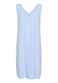 Hellblaues ärmelloses Kleid mit V-Ausschnitt, aus weichem Stoff gefertigt, mit zwei Seitentaschen und lässiger Passform. Einfaches Design.