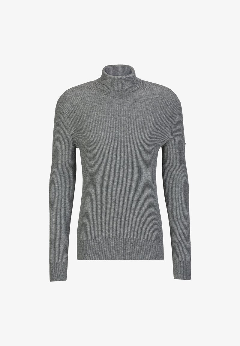 Grauer gerippter Rollkragenpullover mit langen Ärmeln. Hergestellt aus einem weichen Strickmaterial mit figurnaher Passform und ohne sichtbare Logos oder Verzierungen.