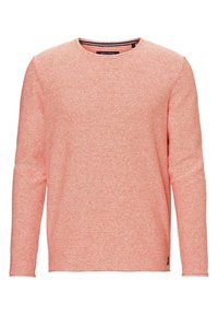 Helles Korallenpullover mit langen Ärmeln, Rundhalsausschnitt, strukturiertem Strickstoff und kontrastierenden Streifendetails am Kragen.