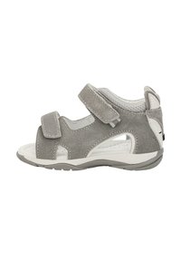 Sandalo in suede grigio con due cinturini regolabili in Velcro, design aperto, dettagli bianchi e suola in gomma testurizzata per una buona presa.
