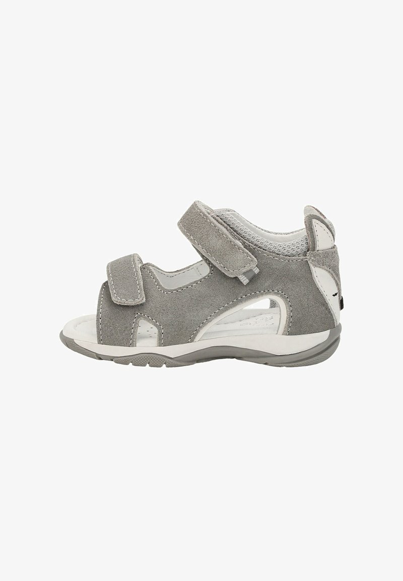 Gray suede sandal with two adjustable Velcro straps, open design, white accents, and a textured rubber sole for grip.