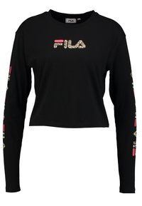 Černý krátký mikinový svetr s dlouhým rukávem a logem Fila v leopardím vzoru s červenými akcenty na rukávech. Vyrobeno z měkké bavlněné látky.