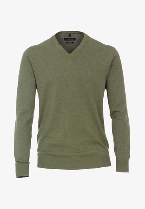 Olivgrüner V-Ausschnitt-Pullover aus weichem Material, mit langen Ärmeln, gerippten Bündchen und Saum sowie einem kleinen Logo auf der Brust.
