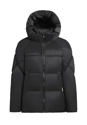 Black puffer jacket with a large hood, zip front, and quilted design. Features include a chunky zipper and two side pockets. Smooth texture.