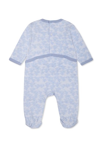 Rompers pour bébé bleu clair avec motif nuage, manches longues, fermeture à boutons au dos, poignets côtelés et texture douce.