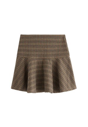 Brown plaid flared skirt with a fitted waistband and ruffled hem. The fabric features a checkered pattern in contrasting colors.