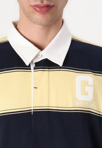 Dryžuotas polo marškinėliai tamsiai mėlynos ir geltonos spalvos, su balta apykakle, išsiuvuotu logotipu ir mygtukų užsegimu prie kaklo. Sklandus paviršius.
