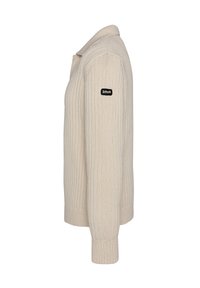 Beige ribstrikket sweater med lange ærmer, krave og et lille sort "Schott" logo patch på den øverste ærme.