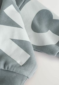 Hanorac gri deschis cu un design grafic alb îndrăzneț, având o textură moale, manșete ribţate și o croială lejeră.