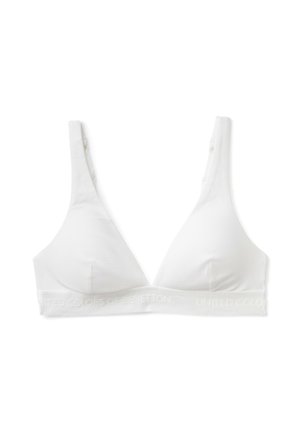 Reggiseno triangolare bianco realizzato in morbido cotone. Presenta una larga fascia elastica con il testo in rilievo "UNITED COLORS OF BENETTON" alla base.