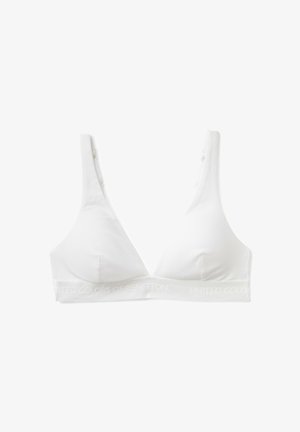 Reggiseno triangolare bianco realizzato in morbido cotone. Presenta una larga fascia elastica con il testo in rilievo "UNITED COLORS OF BENETTON" alla base.