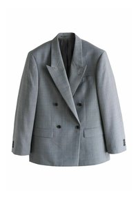 Veste croisée grise avec revers crantés, boutons noirs et poches à rabat, présentée à plat sur fond blanc.