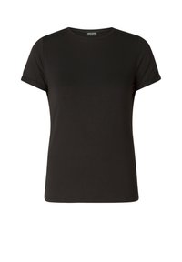 Zwarte T-shirt met korte mouwen van zacht materiaal, met een klassieke ronde hals en opgerolde mouwen voor een ontspannen pasvorm.