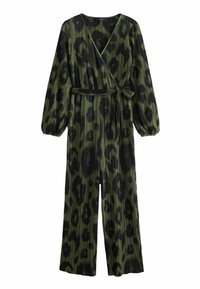 Mono verde con pliegues y estampado de leopardo, con un frente cruzado, mangas largas y un cinturón a juego en la cintura.