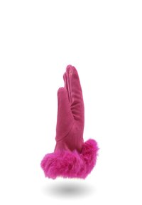 Guanto in suede rosa con rifinitura in pelliccia morbida attorno al polso, mostrato in posizione verticale con le dita chiuse su uno sfondo bianco.
