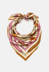 Vierkante zijden scarf met een meerkleurig ontwerp met roze, bruin en crèmekleurige strepen en patroonaccenten. Geknoopt in de bovenste hoek.