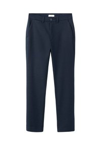 Námorníckomodré nohavice rovného strihu z hladkej tkaniny, s uzatváraním na gombík, šikmými prednými vreckami a prispôsobeným strihom.