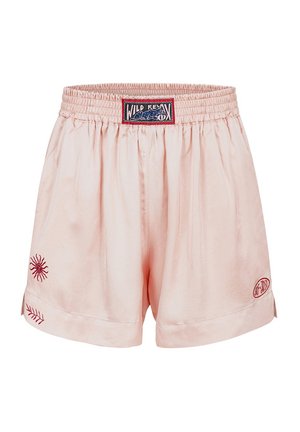 Jasnoróżowe satynowe szorty z elastycznym paskiem. Posiadają czerwone haftowane wzory słońca i liści oraz metkę marki z przodu.