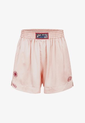 Jasnoróżowe satynowe szorty z elastycznym paskiem. Posiadają czerwone haftowane wzory słońca i liści oraz metkę marki z przodu.
