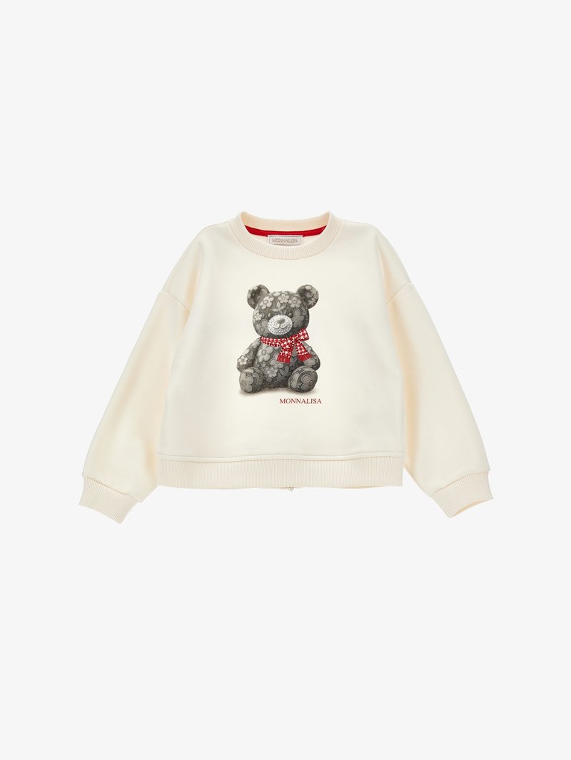Sweat-shirt couleur crème à manches longues, avec un motif ours en peluche à motifs floraux et une écharpe rouge, et le texte "MONNALISA" en dessous.